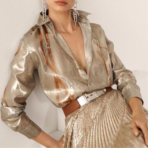 Ralph Lauren Purple Label Tops - 🏵HP🏵 RALPH LAUREN COLLECTION Fall '19 Silk Lamé Bridle Print Shirt Blouse 10